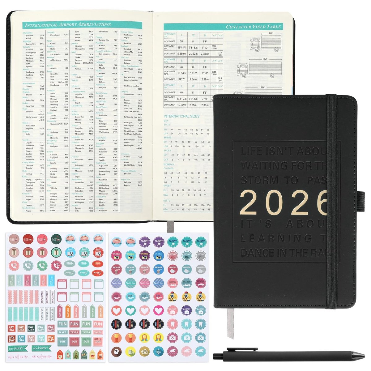 Dailygoods - Agenda 2026 A5, 12-maanden boekkalender, kalender 2026, notitieboek met pen en 2 planningsstickers, weekplanner voor afspraken en organisatie, PU-lederen hardcover planner voor leren en werk (zwart)