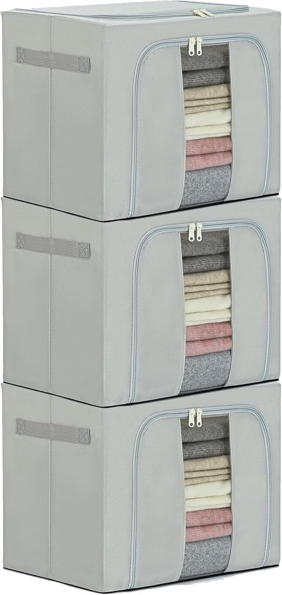 opbergtas en opbergdoos met deksel, stabiel, kledingkastorganizer van metalen frame, waterdicht, stofdicht, insectenbestendige opbergdoos, 3 x 40 l