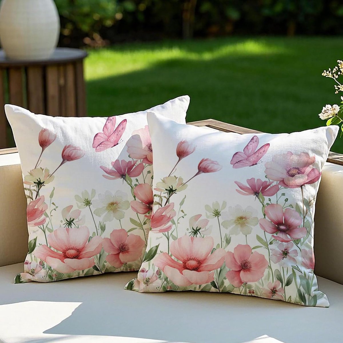 Kussensloop, 40 x 40 cm, roze bloemen en planten, 2 decoratieve hoezen voor tuin, zwembad, kantoor, binnen en buiten