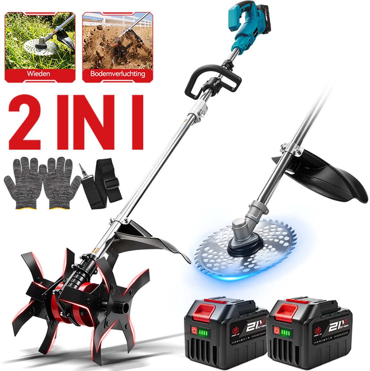 ONEVAN Accu Grastrimmer / Grondfrees - 2-in-1 Tuingereedschap - Borstelloos Tuinfrees - met 2x 5.0Ah Accu’s - voor gazon, struiken en graven en losmaken