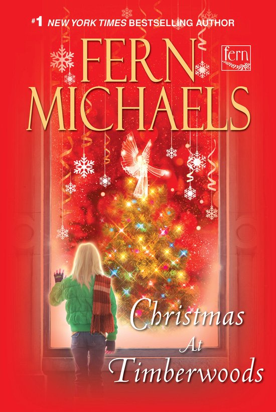 Een meisje met blond haar, een groene jas en sjaal kijkt naar een kerstboom vol lichtjes. Titel: Christmas At Timberwoods.