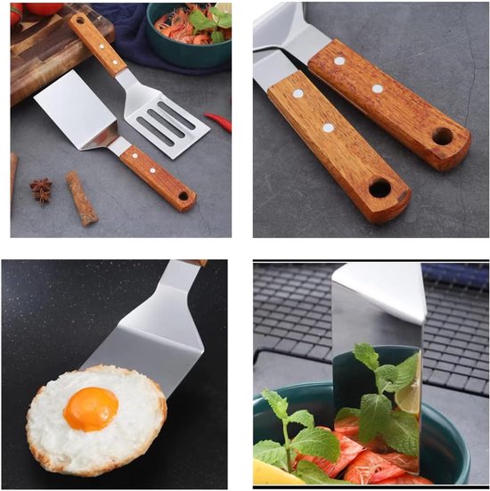 2 Stuks Metalen Spatel voor Gietijzeren Koekenpan, Roestvrij Stalen Grillspatel Sleufspatel Spatel Visspatel Met Houten Handvat, Platte Grillspatel, Bakplaat Metalen Spatels voor Koken BBQ — afbeelding 3