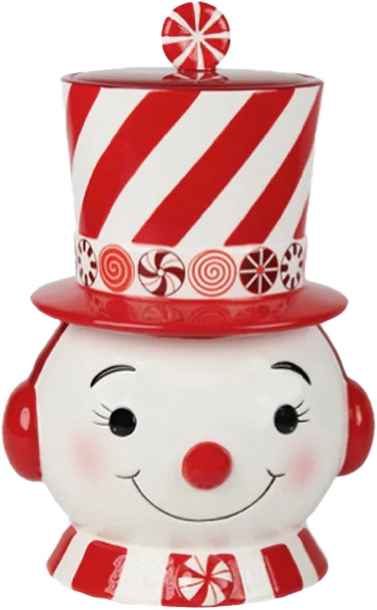 Viv! Christmas Kerstservies Kerst Koektrommel Pepermunt Swirl Sneeuwpop keramiek rood wit 30cm