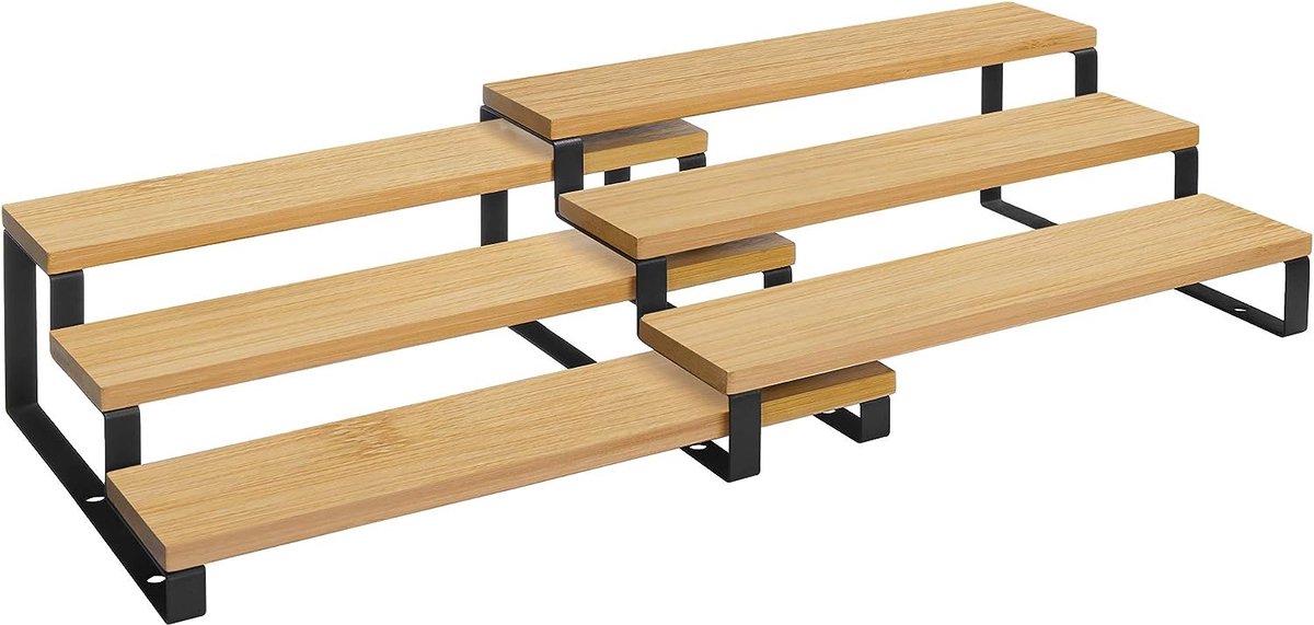 Kruidenrekken keukenrekken staand keukenorganizer set van 2 bamboe met elk 3 planken uittrekbaar stapelbaar voor eetkamer werkblad keukenkast naturel zwart
