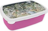 Broodtrommel Roze - Lunchbox - Brooddoos - Kinderen - Jungle - Natuur - Dieren - Planten - 18x12x6 cm - Kinderen - Meisje