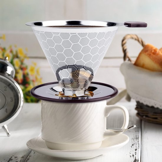 Filtre à Café Réutilisable En Acier Inoxydable 304 - Double Couche, Sans Papier, Pour 3-4 Tasses (avec Brosse)