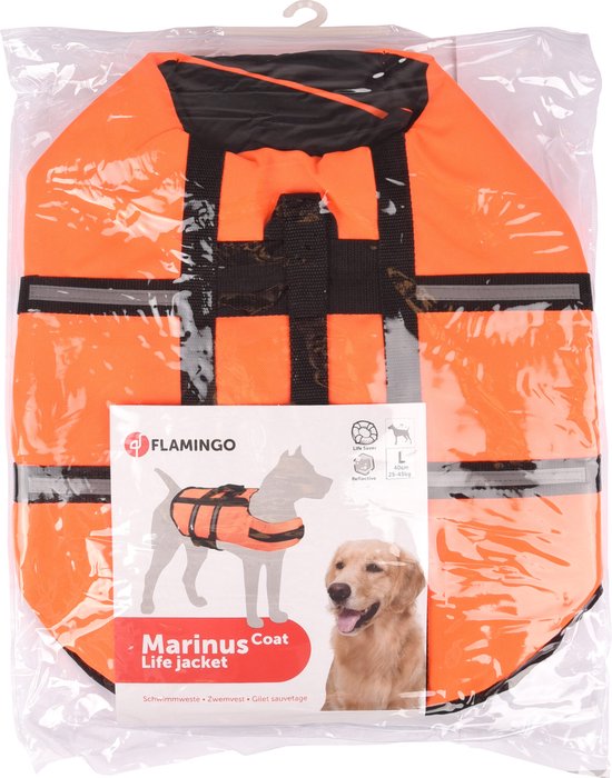 Oranje zwemvest voor honden in plastic verpakking, met een kaart waarop een hond met zwemvest staat.