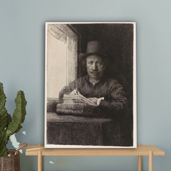 Autoportrait de Rembrandt eau-forte à une fenêtre - Peinture de Rembrandt van Rijn sur toile 60x80 cm - Tirage photo sur toile (Décoration murale salon / chambre)
