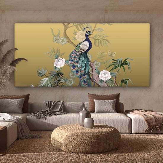 Canvas schilderij - Pauw - Bloemen - Goud - Pauwenveren - Luxe - Canvasdoek - 160x80 cm - Foto op canvas