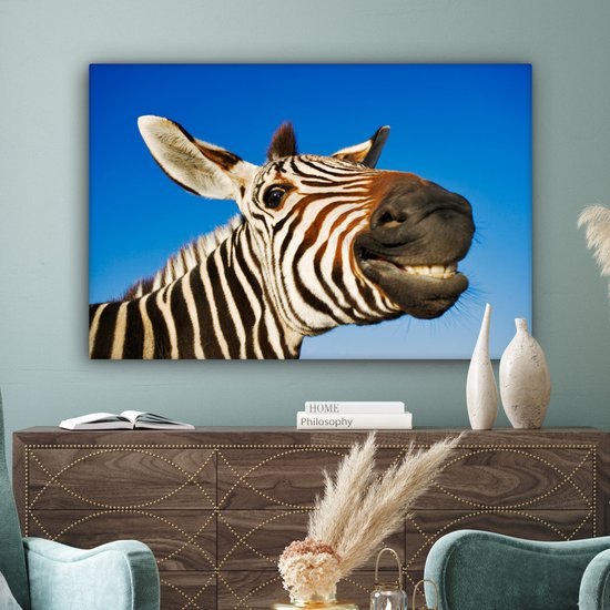Une drôle de toile de zèbre grimaçant 140x90 cm - Tirage photo sur toile (Décoration murale salon / chambre)