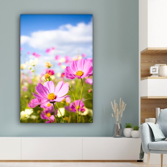 Canvas schilderij 90x140 cm - Wanddecoratie Bloemen - Wei - Paars - Gras - Wit - Wolken - Blauw - Muurdecoratie woonkamer - Slaapkamer decoratie - Kamer accessoires - Schilderijen op canvas