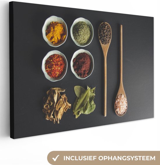 Tableau sur toile Louche - Épices - Herbes - Vert - Marron - Rustique - 60x40 cm - Décoration murale