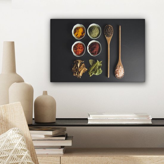 Toile Peinture Louche - Épices - Herbes - Vert - Marron - Rustique - 30x20 cm - Décoration murale