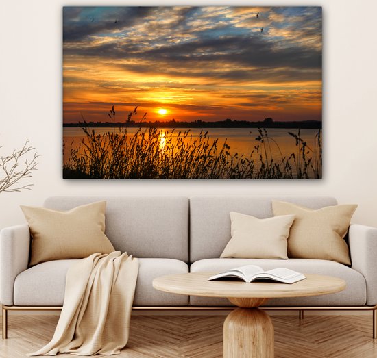 Toile - Peinture - Paysage - Mer - Coucher de soleil - Plantes - Tableau sur toile - Toile - 120x80 cm - Décoration murale de chambre