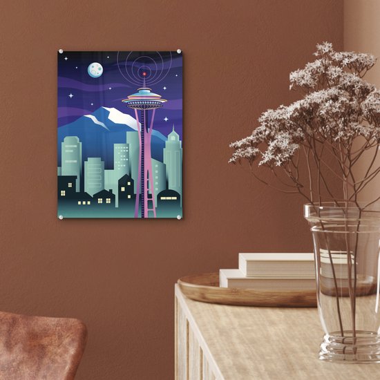 ® Glasschilderij 30x40 cm - Schilderij acrylglas - Illustratie van de Space Needle in de nacht - Foto op glas - Muurdecoratie woonkamer - Wanddecoratie slaapkamer - Schilderijen