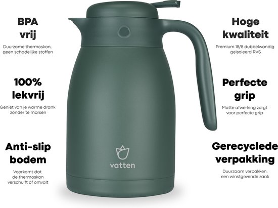 Vatten® Premium RVS Thermoskan - Donkergroen - 1.5 Liter - Met Drukknop - Isoleerkan - Vatten