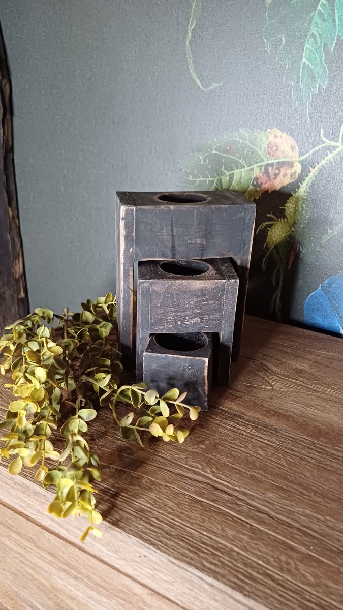 Waxinelicht houder setje van 3 hout antraciet landelijk