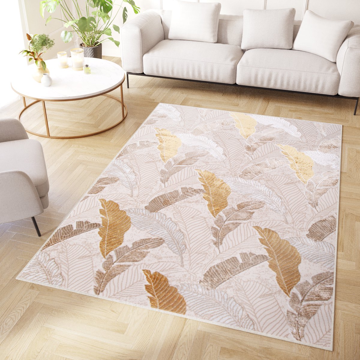 Tapiso Crystal Vloerkleed Beige Goudkleur Bladeren Tapijt Maat- 120x170