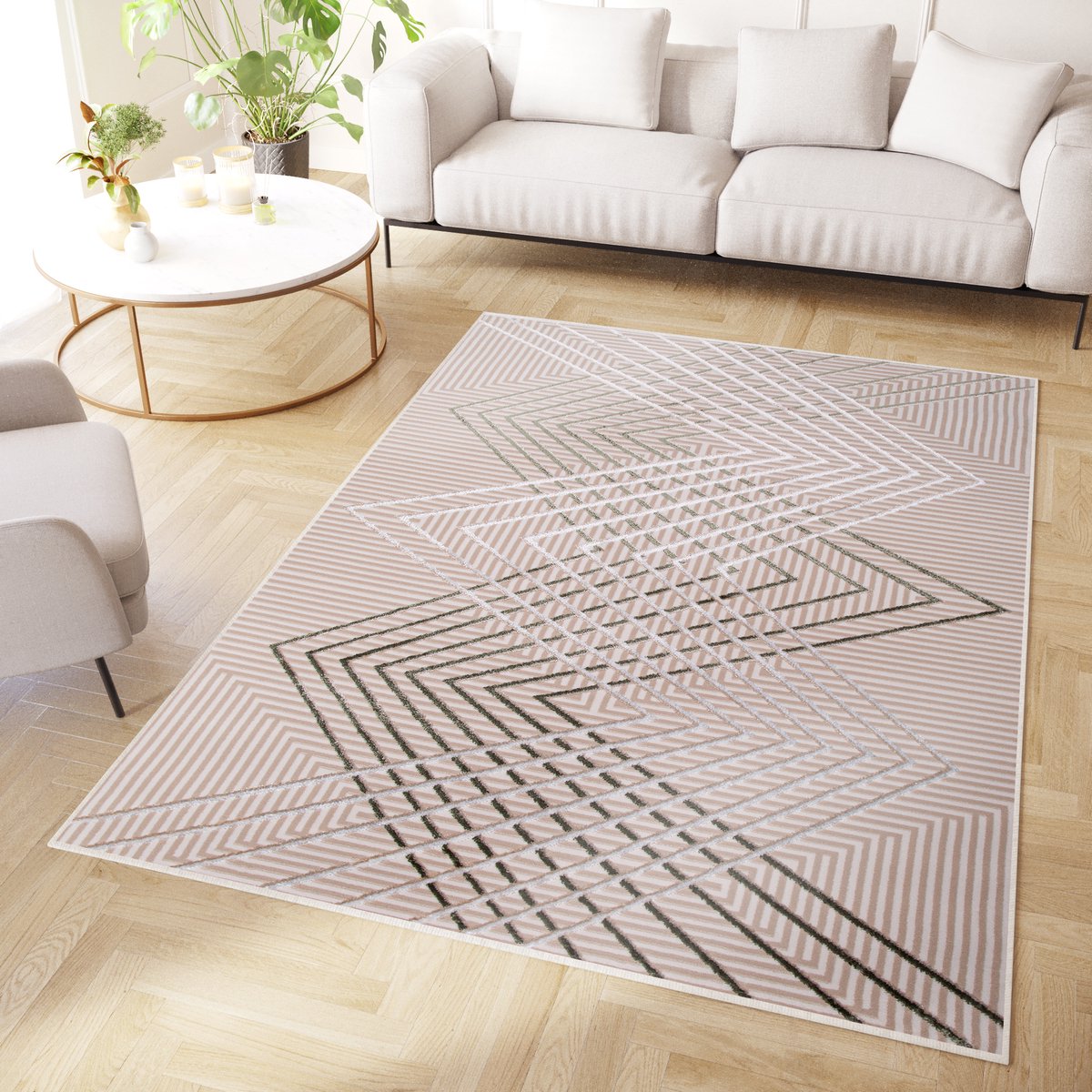Tapiso Crystal Vloerkleed Beige Licht Groen Zigzag 3D Effect Laagpolig Tapijt Maat- 120x17