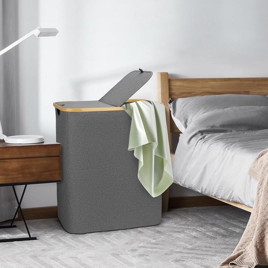 Wasmand 2 compartimenten 100 l bamboe wasmand voor vuile was - Houten