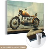 MuchoWow® Glasschilderij 60x40 cm - Schilderij glas - Motor - Bike - Bruin - Vintage - Foto op acrylglas - Schilderijen