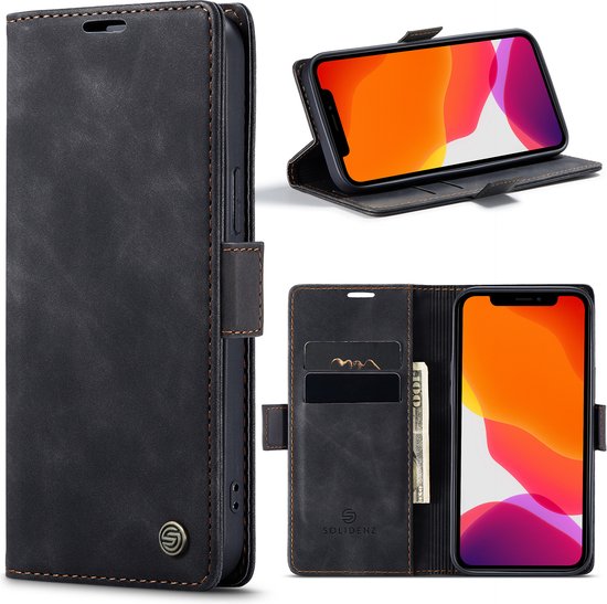 Geschikt Voor iPhone 14 Plus Hoesje - Solidenz Urban Bookcase 14 Plus - Telefoonhoesje 14 Plus - 14 Plus Case Met Pasjeshouder - PU Leren Hoes - Draadloos Opladen - Zwart