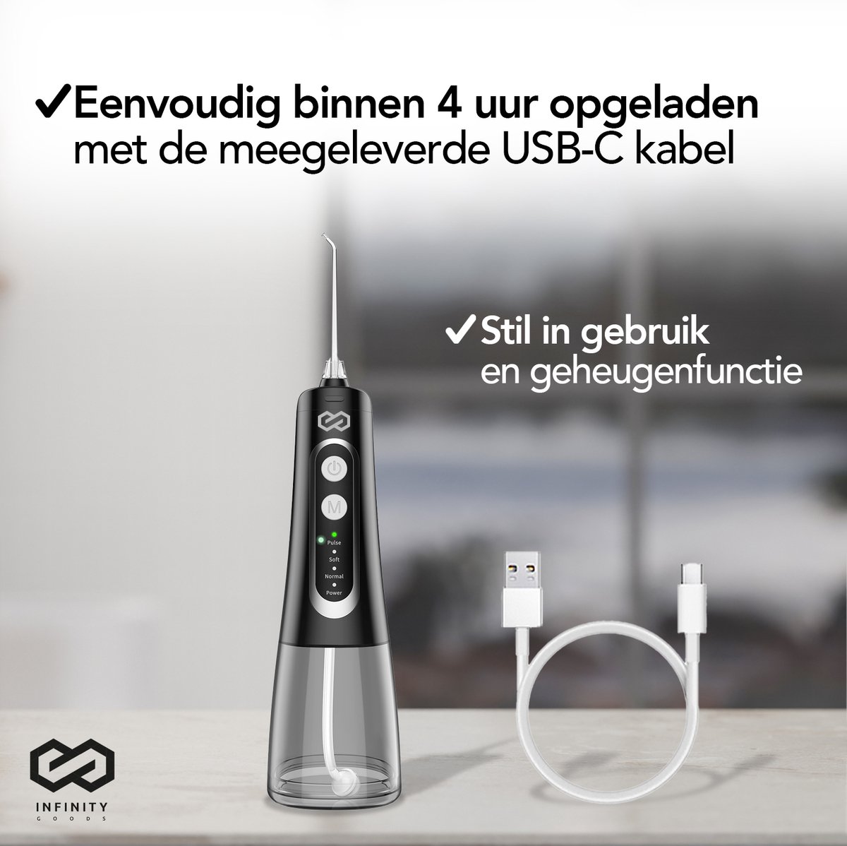 Infinity Goods Waterflosser - Monddouche - Elektrisch Flosapparaat - Draadloos En Oplaadbaar - 5 Opzetstukken - Zwart thumbnail 3