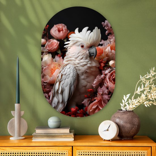 Mur ovale 60x90 cm - Mur ovale Cacatoès - Animal - Nature - Botanique - Fleurs - Rose - Décoration murale plastique - Tableau ovale - Décoration murale salon - Peintures - Forme miroir ovale sur plastique