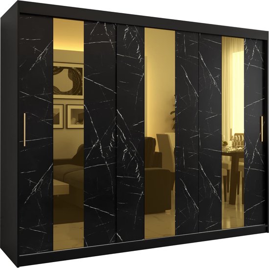 Zweefdeurkast met spiegel Kledingkast met 3 schuifdeuren Garderobekast slaapkamerkast Kledingstang met planken (LxHxP): 250x200x62 cm - Denlo P (Zwart, 250)
