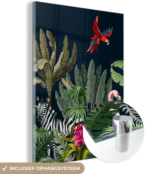 MuchoWow® Glasschilderij 60x80 cm - Schilderij acrylglas - Jungle - Planten - Dieren - Kinderen - Flamingo - Zebra - Foto op glas - Schilderijen