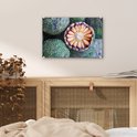 Een glas schilderij van Braziliaans fruit hangt boven een houten kast. De print toont de doorgesneden vrucht met groene schubben.