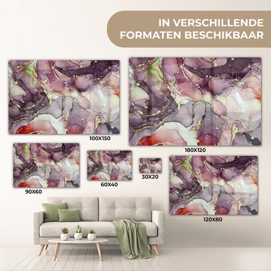 MuchoWow® Peinture sur Verre - Marbre - Rouge - Violet - Or - 60x40 cm - Peintures sur Verre Acrylique - Photo sur Glas