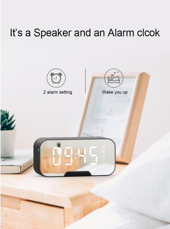Digitale wekker met bluetooth speaker, radio, spiegel en TF ingang. ZWART bol