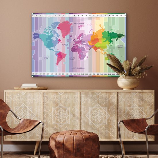 Carte du monde colorée avec les fuseaux horaires indiqués Plexiglas 90x60 cm - Tirage photo sur Glas (décoration murale en plexiglas)