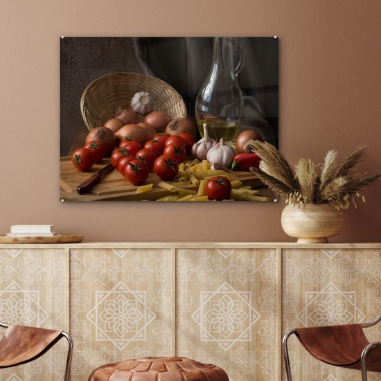 MuchoWow® Tableau sur verre 80x60 cm - Tableau sur verre acrylique - Planche à découper - Légume - Nature morte - Pâtes - Oignon - Tomate - Planche à découper - Photo sur verre - Décoration murale salon - Décoration murale chambre - Peintures