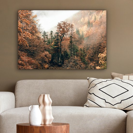 Peinture sur toile 180x120 cm - Décoration murale Nature - Forêt - Brouillard - Automne - Décoration murale salon - Décoration chambre - Accessoires de chambre - Peintures
