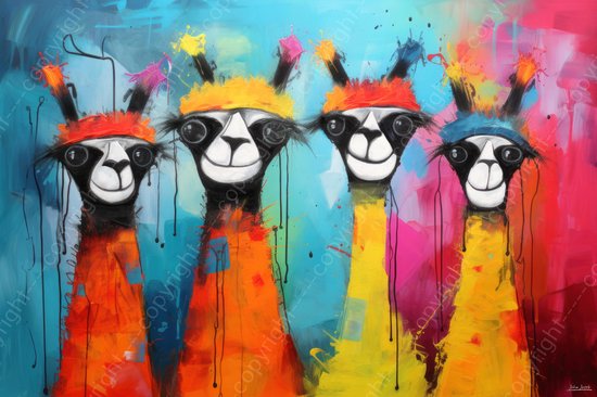 JJ-Art (Aluminium) 90x60 | Gekke alpacas, humor, kleurrijk, abstract, Herman Brood stijl, kunst | dier, alpaca, lama, blauw geel, oranje, rood, roze, modern | foto-schilderij op dibond, metaal wanddecoratie