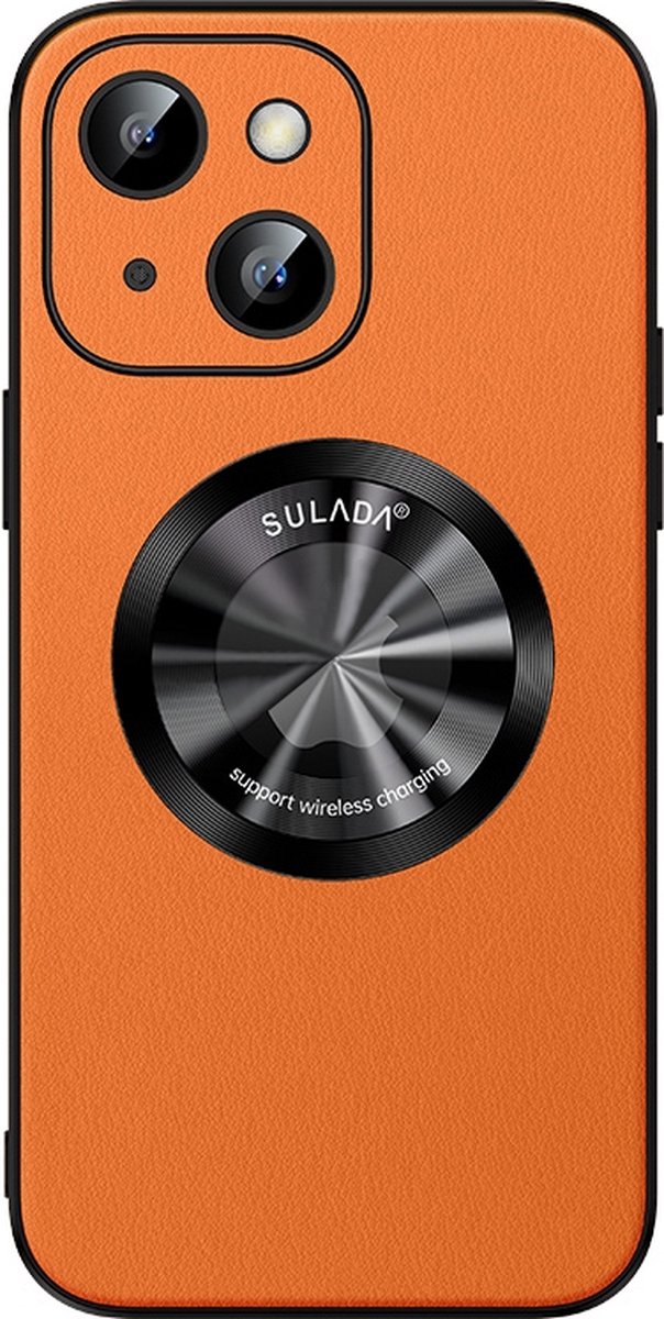 Sulada Soft case Microfiber leer en shockproof en lensbeschermer met magnetische ring voor de iPhone 15 Plus Orange