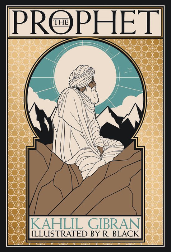 Boek kaft met de titel 'The Prophet'. Een man met een tulband zit op een rots met uitzicht op bergen en de zon.
