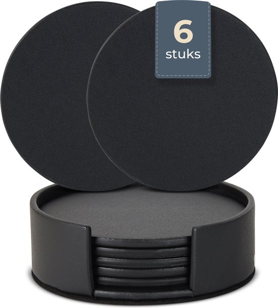 Sous-verres de verre Castagnola en cuir avec support - Sous-verres pour Verres - Design de Sous-verres - Ensemble de sous-verres - Sous-verres de verre - Cuir - Sous-verres en cuir - Set de 6 - Zwart
