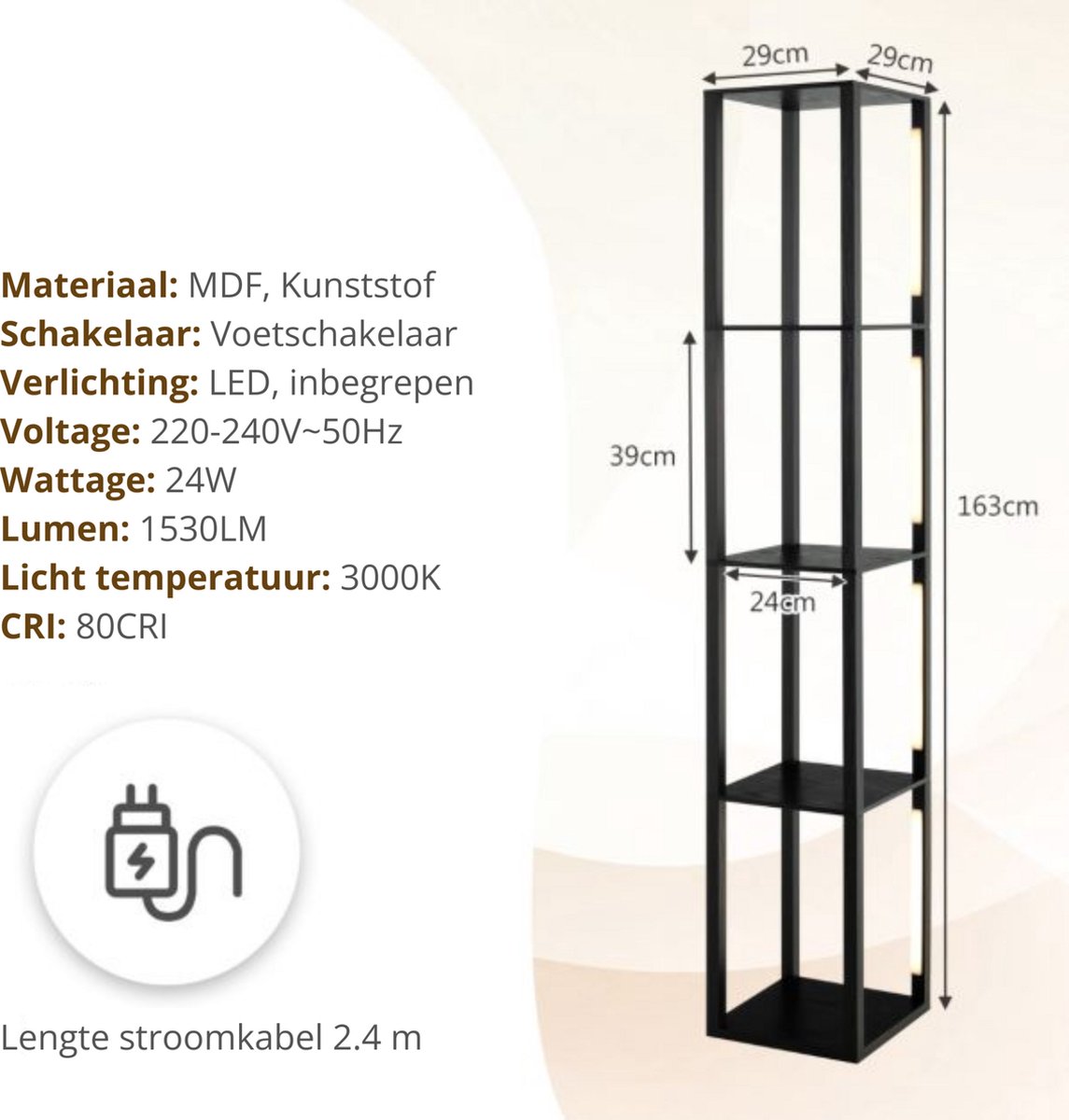 Vloerlamp - Dimbaar - LED - Staande lamp - Stalamp - Met opbergruimte - Vloerlamp woonkamer - Staande lampen woonkamer - Sfeerlamp - Vitrine - 29L x 29B x 163H cm - Zwart thumbnail 2
