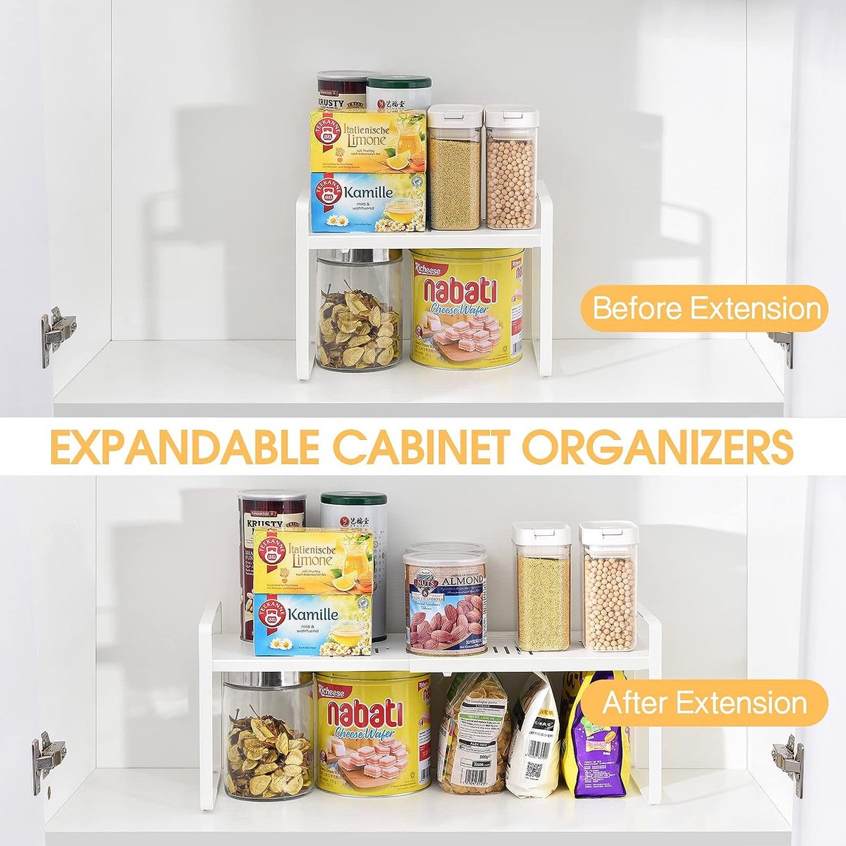 Uitschuifbare keukenkast plank organizer, stapelbare keukenorganizer antislip plank inzetstuk verstelbaar kast kruidenrek voor keukenkast badkamer bijkeuken thuiskantoor zwaar belastbaar (zwart