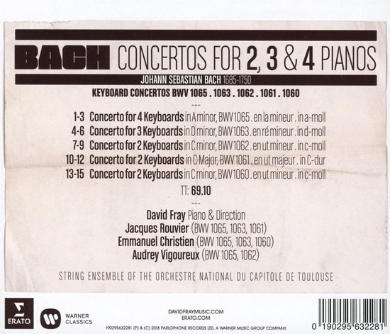 Achterkant albumcover met lijst van Bach concertos voor 2, 3 & 4 piano's, artiesten en ensemble.