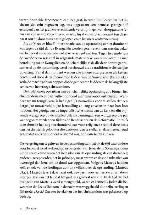 Tekst over de opstanding, met vermelding van het lijkkleed, Jezus, de evangeliën en de traditionele opvatting van de opstanding. Pagina 22.