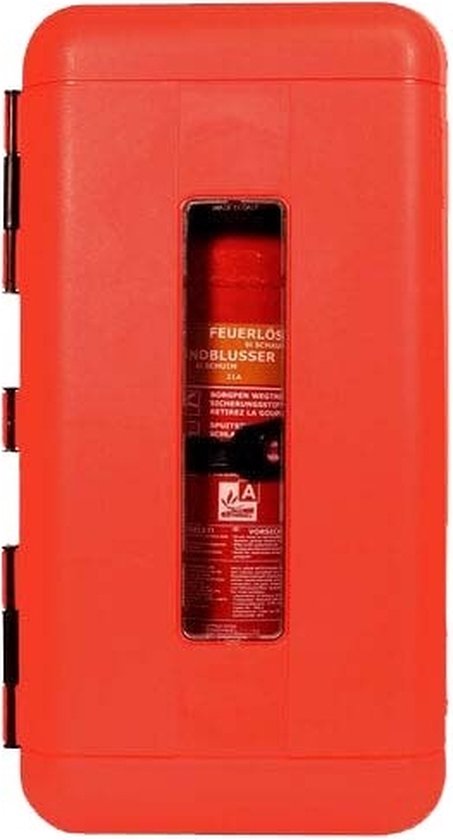 Oranje brandblusserbox met een brandblusser van 6 kg/liter, met etiket met tekst 'FEUERLÖSCHER' en 'BRANDBLUSSER'.