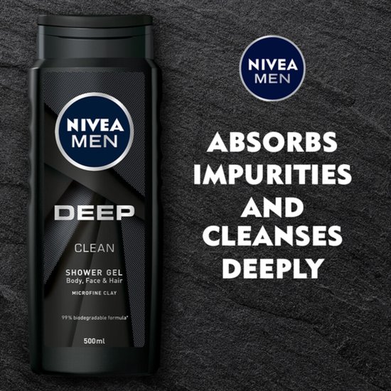 Fles Nivea Men Deep Clean douchegel, 500 ml, met een donkergrijs gestructureerd oppervlak. Tekst: 'ABSORBS IMPURITIES AND CLEANSES DEEPLY'.