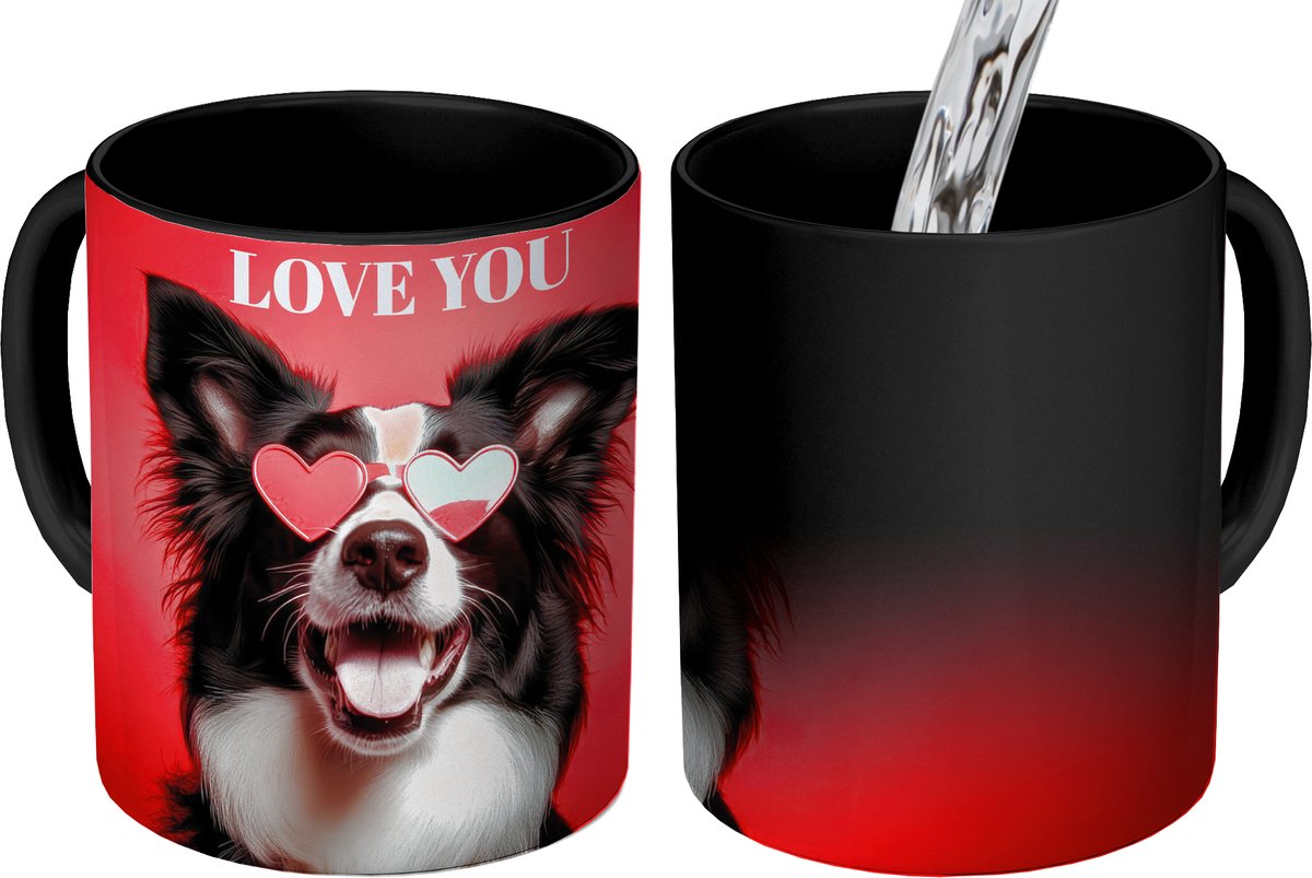 Magische Mok - Foto op Warmte Mokken - Koffiemok - Hond - Hartjesbril - Loveyou - Rood - Magic Mok - Beker - 350 ML - Theemok