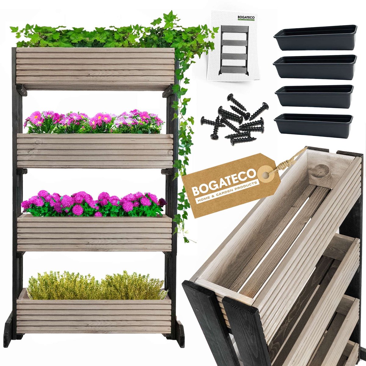 BOGATECO | Set van 4 bloempotten op standaard | Set van 4 bloempot plantenbakken 64x20cm | Houten bloempotten voor tomaten en bloemen, plantenbak voor tuinbalkon | 120cm hoog | Grijs