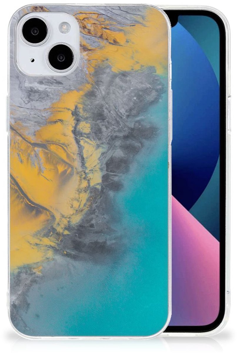iPhone 15 Plus TPU Siliconen Hoesje Marble Blue Gold