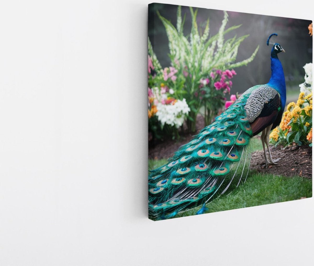 Saammp Canvas Schilderij - Pauw in bloementuin - Dieren - Natuur - 40x40 - Foto op canvas - Wanddecoratie - muurdecoratie Woonkamer - Slaapkamer decoratie - Canvas Print Multicolor